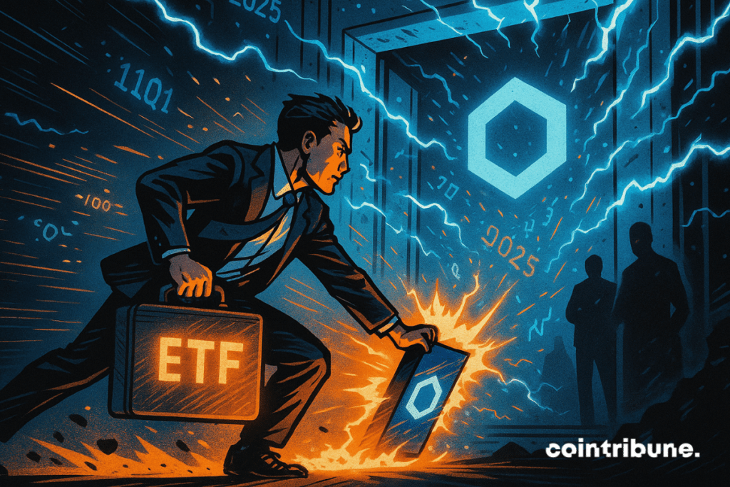 A comically styled businessman pushes a glowing ETF case into an electrified door bearing the symbol LINK.