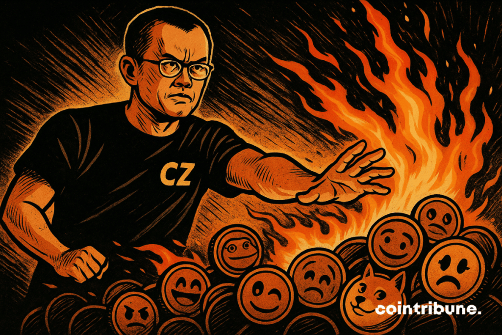 Comic-style image of CZ commanding flames that burn a pile of animated memecoins, with vivid orange fire lighting his intense expression.