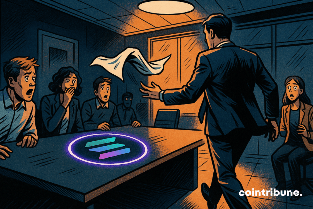 A man in a suit leaves a meeting, throwing away a napkin. The investors around a Solana table react, shocked.