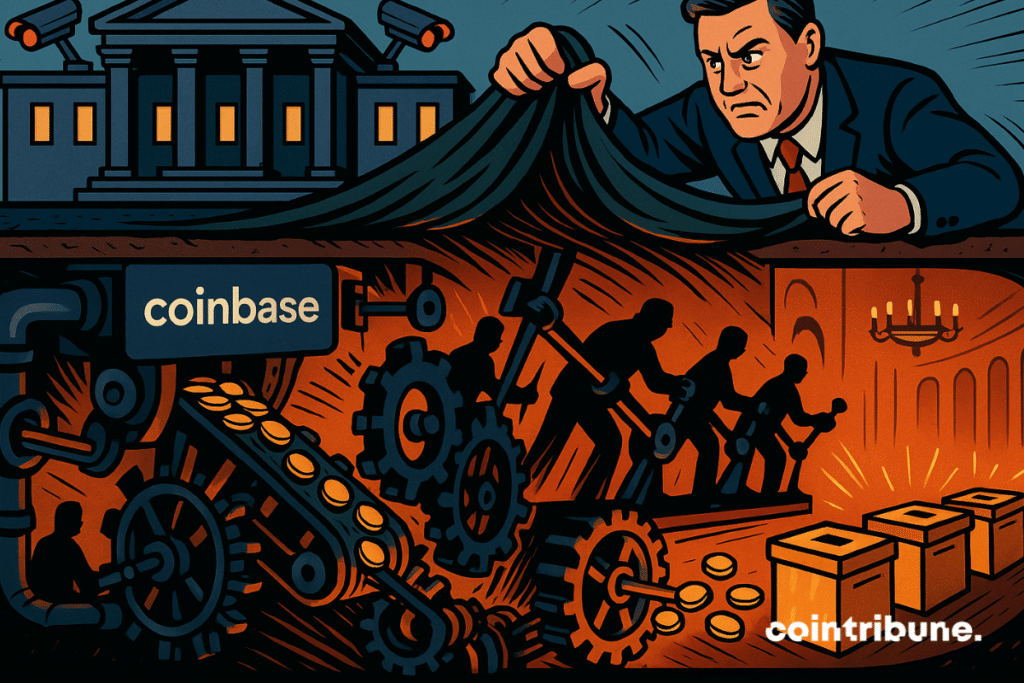 A senator pulls the rug out and reveals a secret Coinbase-funded factory located under a government building.