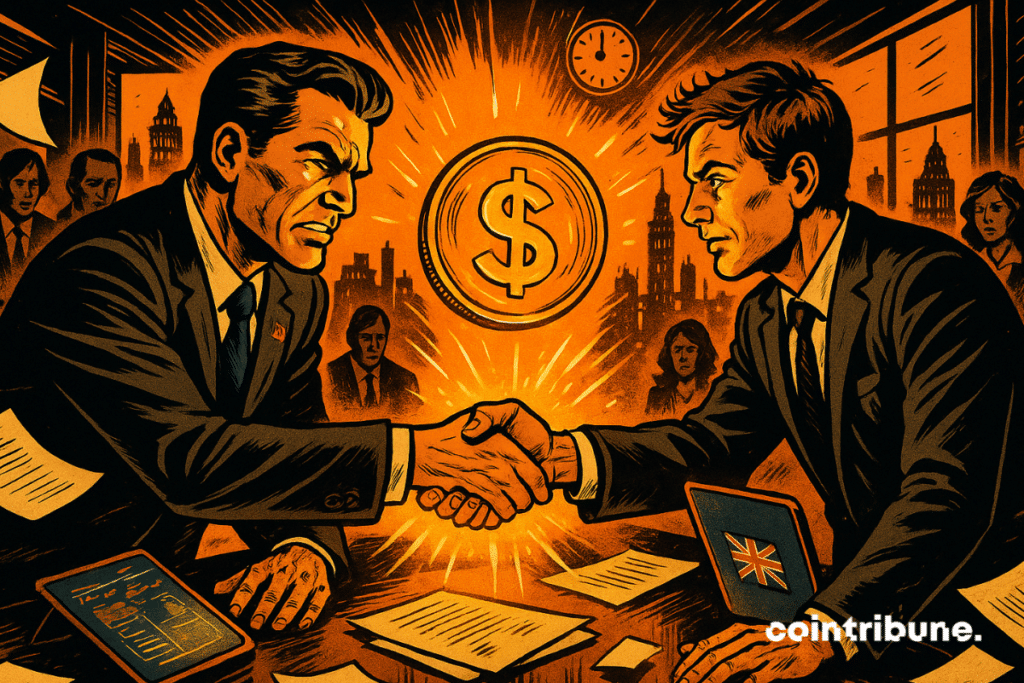 Coinbase and BVNK executives shake hands over promising stablecoin during intense negotiations.