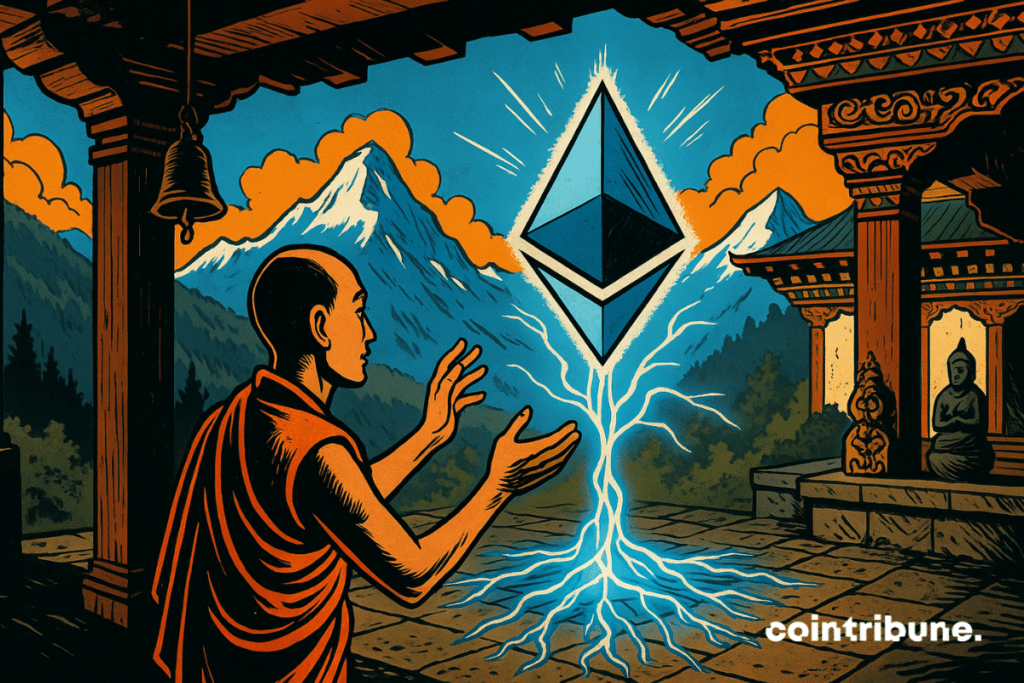 A monk from Bhutan reaches out to a floating Ethereum crypto crystal, connected to luminous roots.