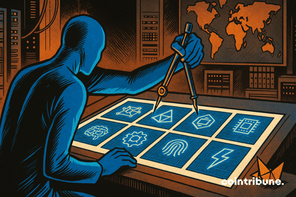 The Coinbase platform is represented as an architect contemplating 9 technological plans on a light table, which symbolizes the crypto projects to be financed.