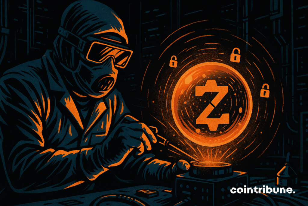 An ECC representative makes detailed adjustments with laser or tactile tools. A translucent, technological sphere floats in front of him, emitting orange light. At its heart, we subtly distinguish an abstract geometric shape evoking the Zcash logo.