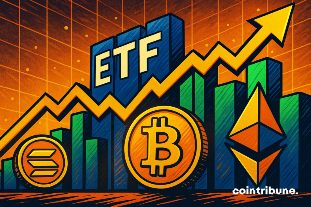 A bold, comic-book style scene shows the icons of Bitcoin, Ether and Solana glowing in front of rising ETF bars, with a yellow arrow pointing upwards, against a dramatic financial background in orange and green tones.