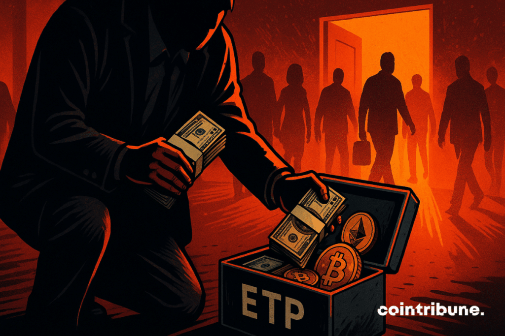An investor withdraws bundles and cryptos from a box labeled “ETP”.