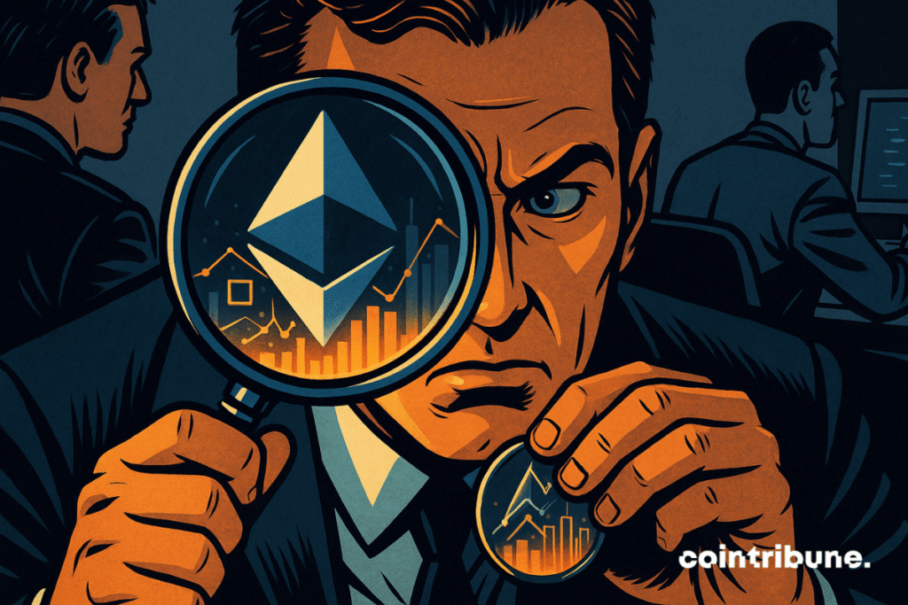 A magnifying glass held by a crypto trader reveals that each Ethereum contains a micro-universe of hidden value.