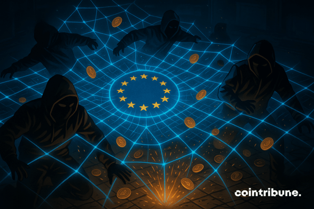 Several hooded figures are trapped in a gigantic blue light net in the shape of crypto code or blockchain. The net bears the symbol of Europe.