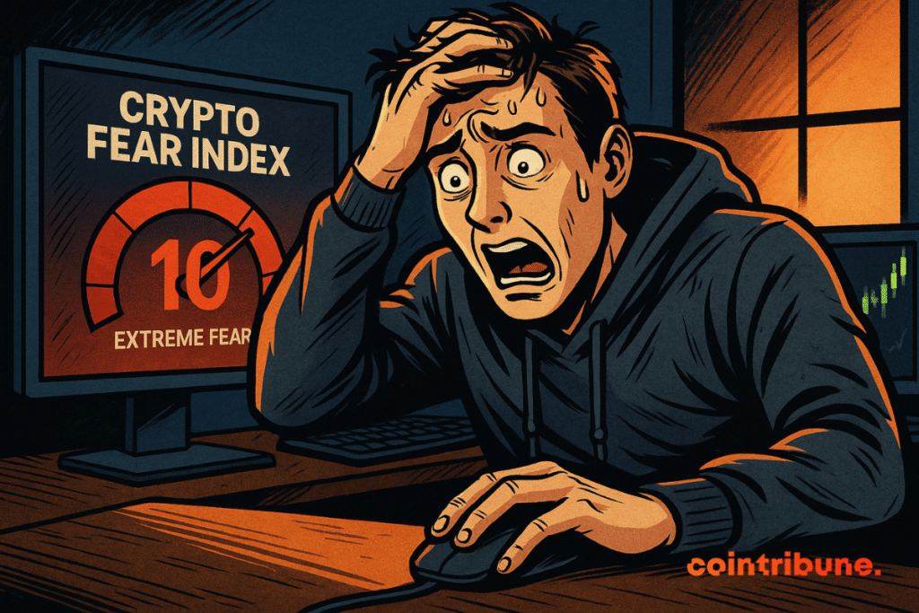 A panicked young trader stares at his screen, sweating with stress, as crypto indicators display extreme fear.