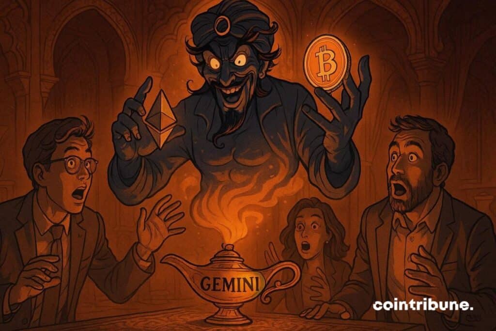 A genius coming out. From a GEMINI lamp with bitcoin and ethereum coins and gives predictions to investors.