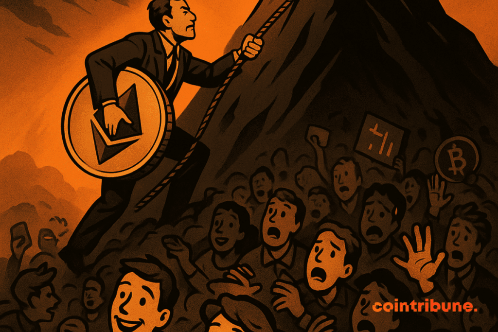 A trader climbs a mountain toward $3,000, blocked by a crowd of disorganized crypto newbies.
