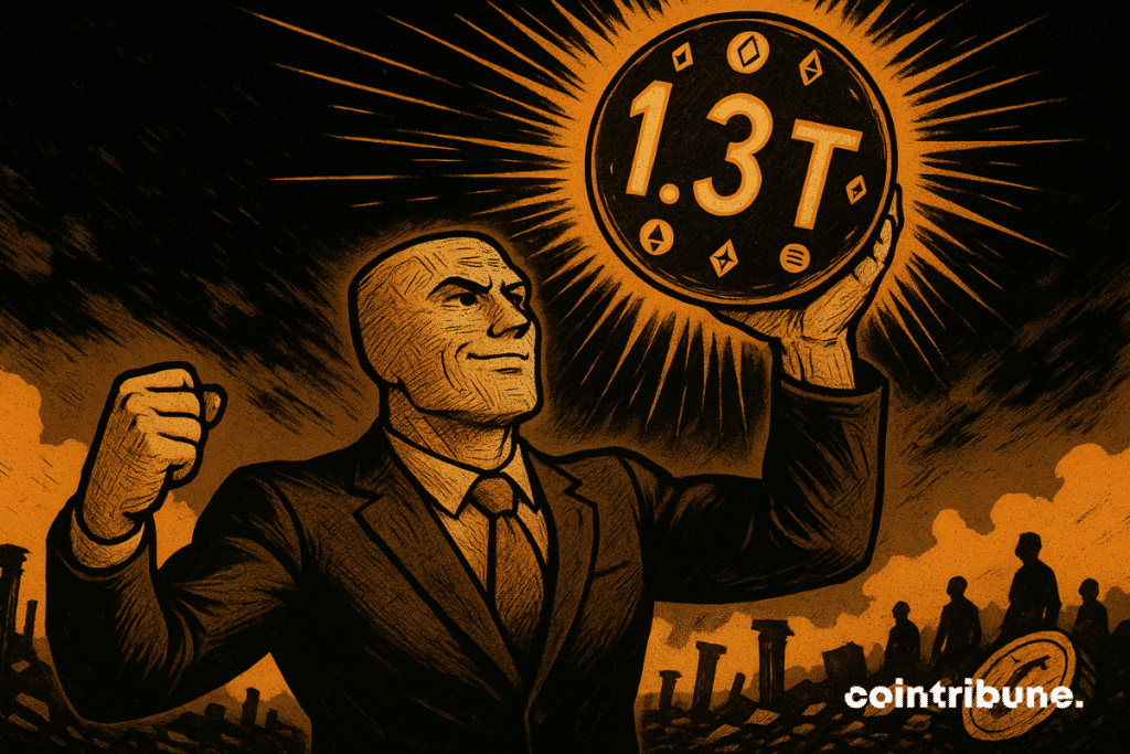 An anthropomorphic creature symbolizing a “perpetual contract” triumphantly raises a luminous globe (symbolizing the crypto market) above its head with an expression of calm and determined defiance, a smirk, gaze turned towards the horizon.