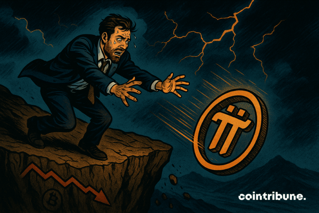A trader is leaning dangerously towards the void, balancing precariously on a stone on the edge of a cliff. He extends both arms towards the void in a desperate gesture. The Pi Network crypto “π” logo is falling into the void, just out of reach.