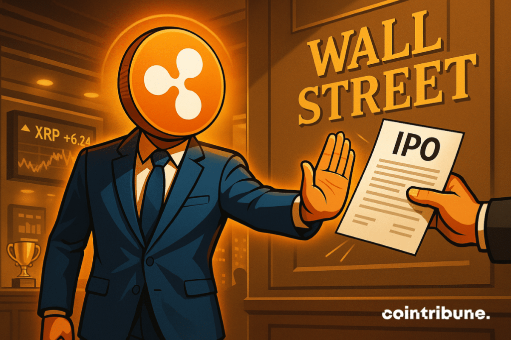 A Ripple representative rejects an IPO contract held out by a large hand protruding from a wall marked “Wall Street.”