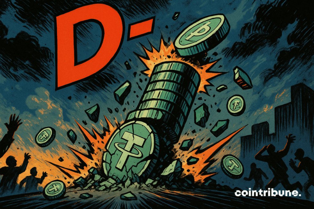 A tower of USDT coins abruptly collapses as panicked traders look on, with a red