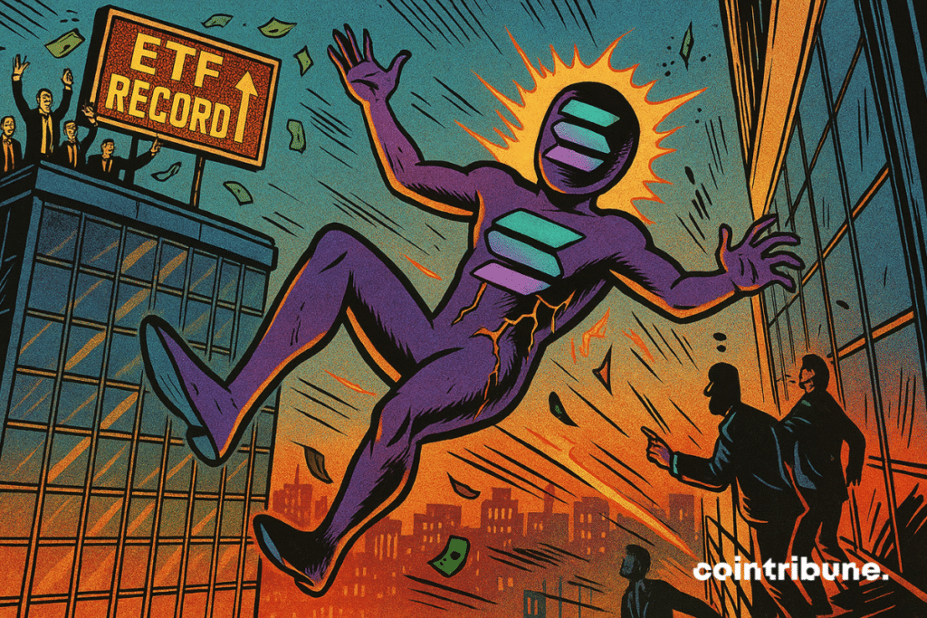 The crypto Solana (represented by a purple humanoid mascot) falls from a ledge on which a light panel displays “ETF RECORD”.