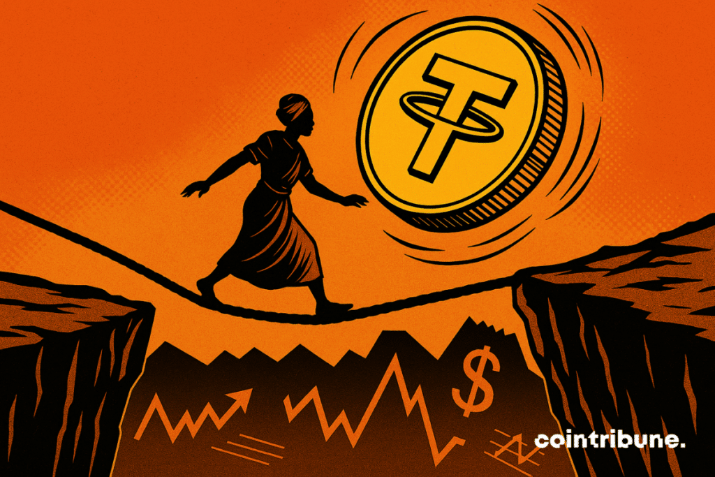 A character representing a fragile country tries to cross a tightrope. A stablecoin crypto coin swings above like an anvil ready to fall.