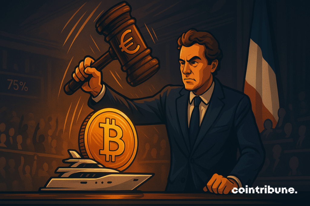An MP brings down a tax hammer on a Bitcoin placed on a yacht, symbolizing crypto taxation in France.