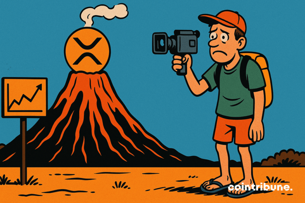 A volcano is stylized with the XRP logo at the top. A crypto investor in flip-flops films a blowout, but nothing happens.