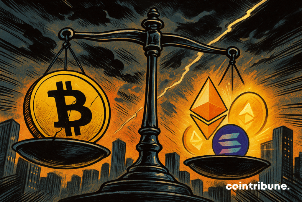 Cartoon-style illustration of a scale under a stormy orange sky, where a cracked Bitcoin coin sinks on one side while glowing altcoins like Ethereum and Solana rise on the other.