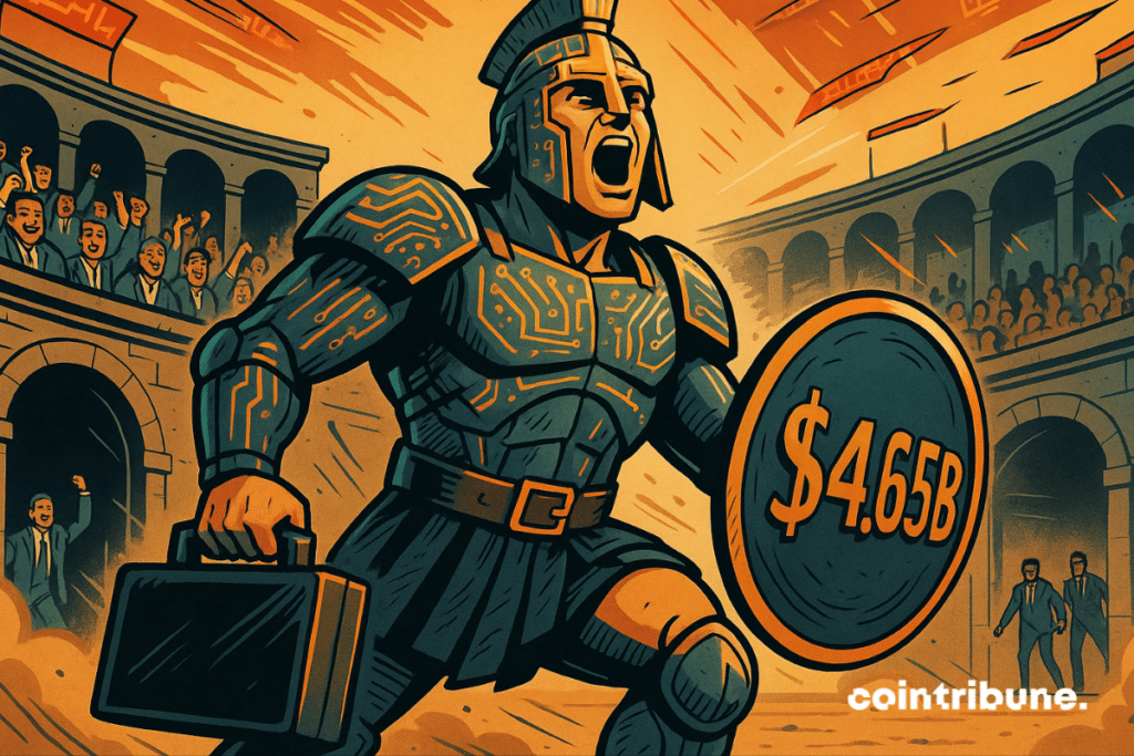 High-tech gladiator brandishing a “$4.65 billion” shield in a futuristic arena dedicated to investing in cryptocurrencies.