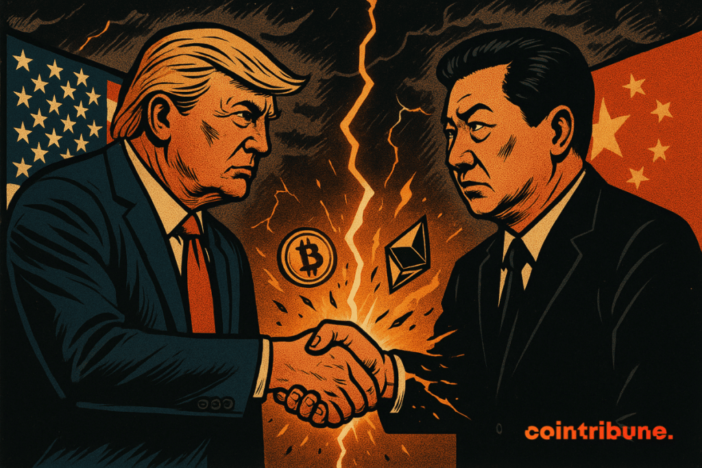 Trump and a Chinese leader shake hands, bright crack between them, crypto symbols on fire, palpable tension.