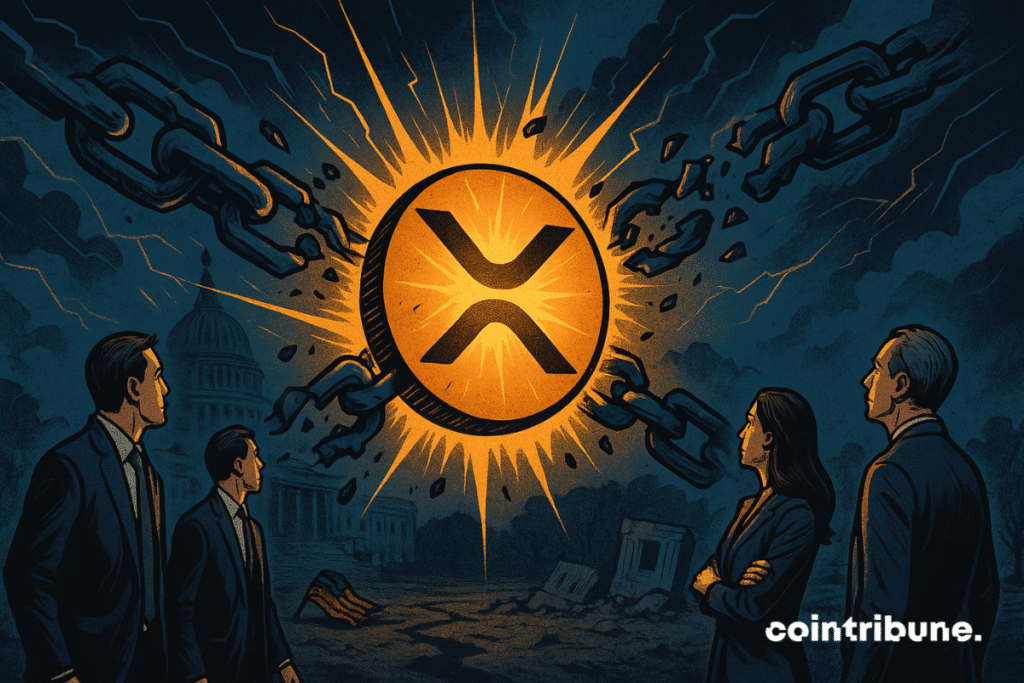 The XRP logo like a luminous metallic emblem, slightly cracked in its center, is surrounded by pieces of chains in mid-air. Crypto investors are observing the latter.