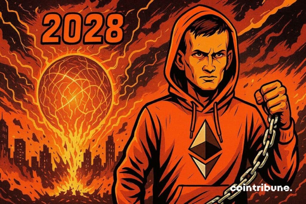 Vitalik Buterin holding a chain representing blockchain security that needs to be protected. In the background a quantum ball destroys everything in 2028.