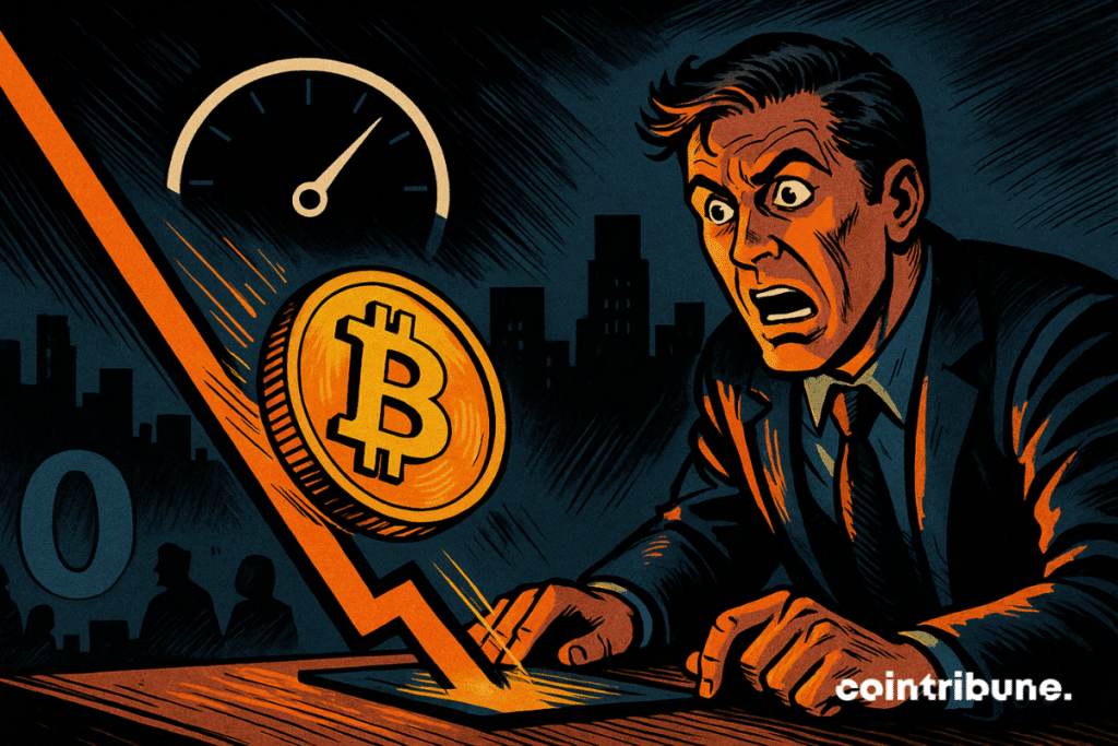 A frightened trader watches a large Bitcoin coin slide down a steep orange line while a fear indicator points toward zero in a dramatic comic book style scene.