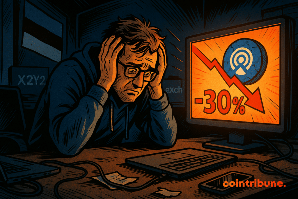 Shocked man in hoodie looks at bright screen showing 30% drop, dark and dramatic mood.