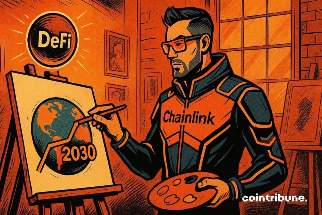 Chainlink drawing a line on a globe, marking DeFi adoption in 2030.