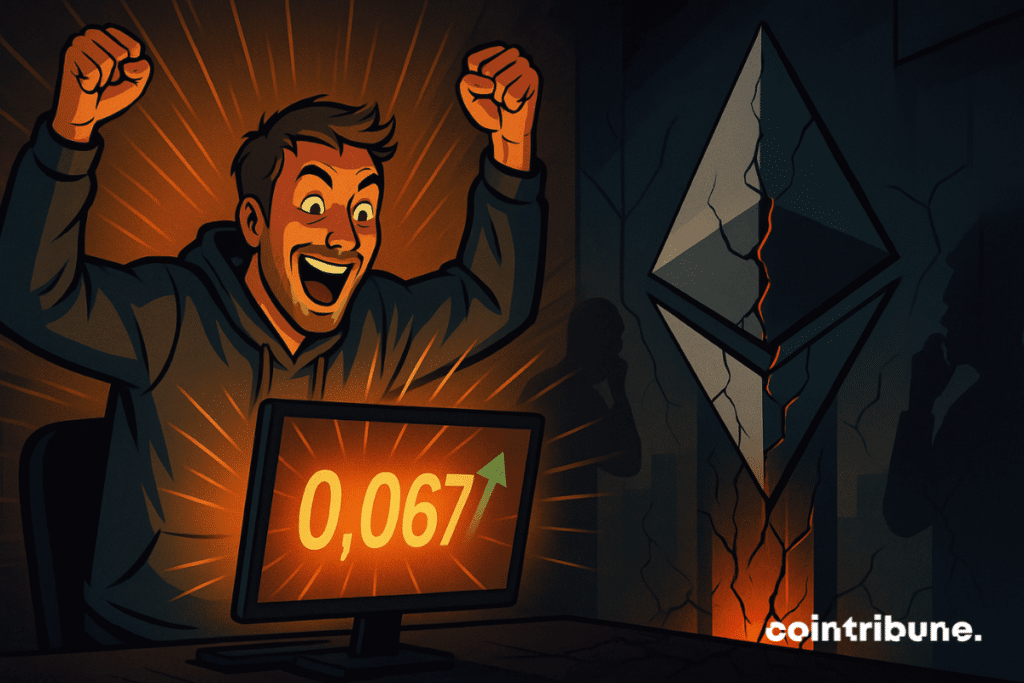 A euphoric trader celebrates record fees on Ethereum, while a cracked tower hints at growing concern in the background.
