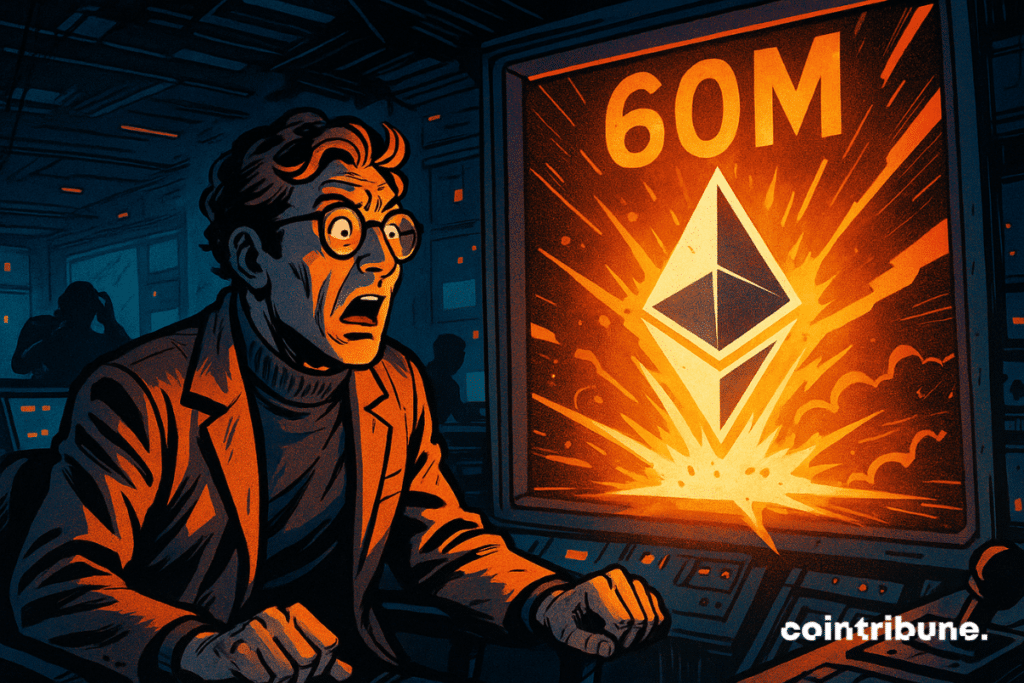 A stunned engineer looks at a screen where the Ethereum logo explodes under the pressure of a glowing number: 60M.