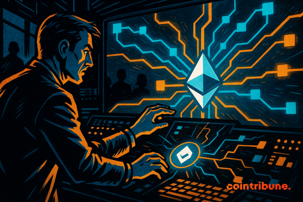 In a dark control room, a technician connects glowing lines between fragmented L2 modules on a large screen centered around a glowing Ethereum symbol.