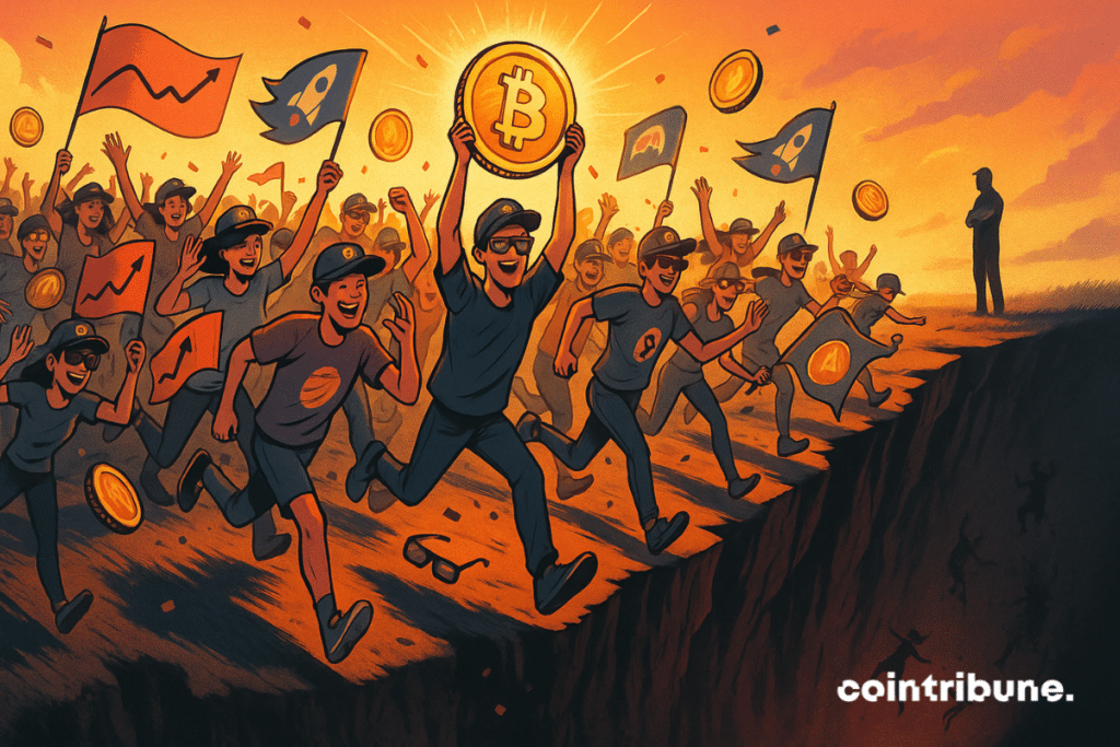 A cheering crowd running or dancing towards the edge of a cliff, without noticing the impending void. A partygoer holds up a giant glowing Bitcoin above his head like a trophy.