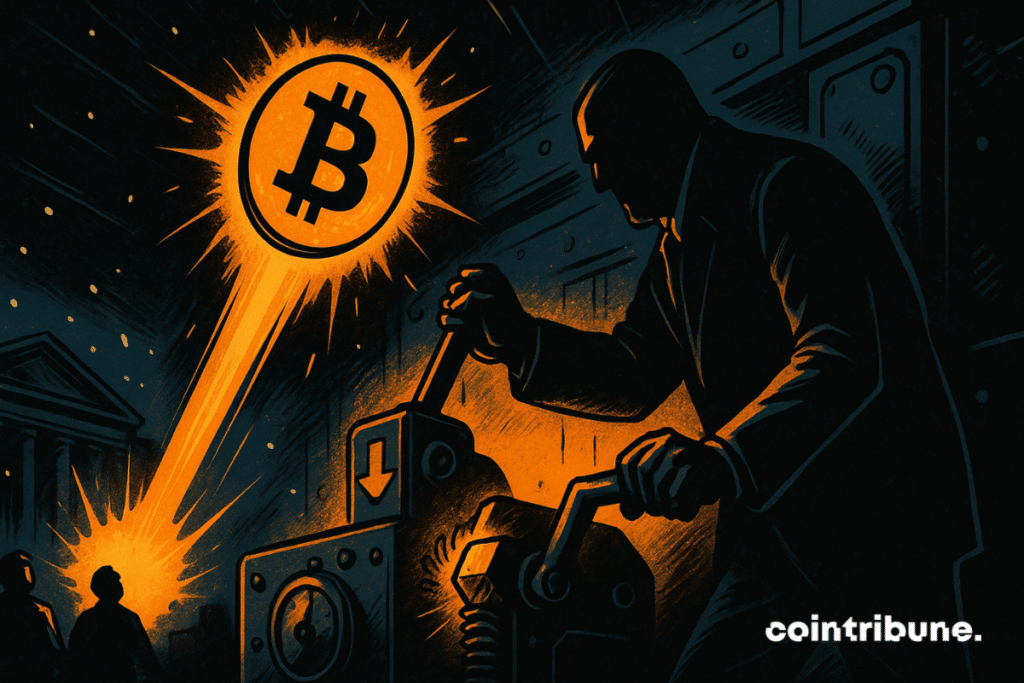 A Fed official activates a lever marked with a rate icon on a platform, which propels a large, burning Bitcoin coin upward.