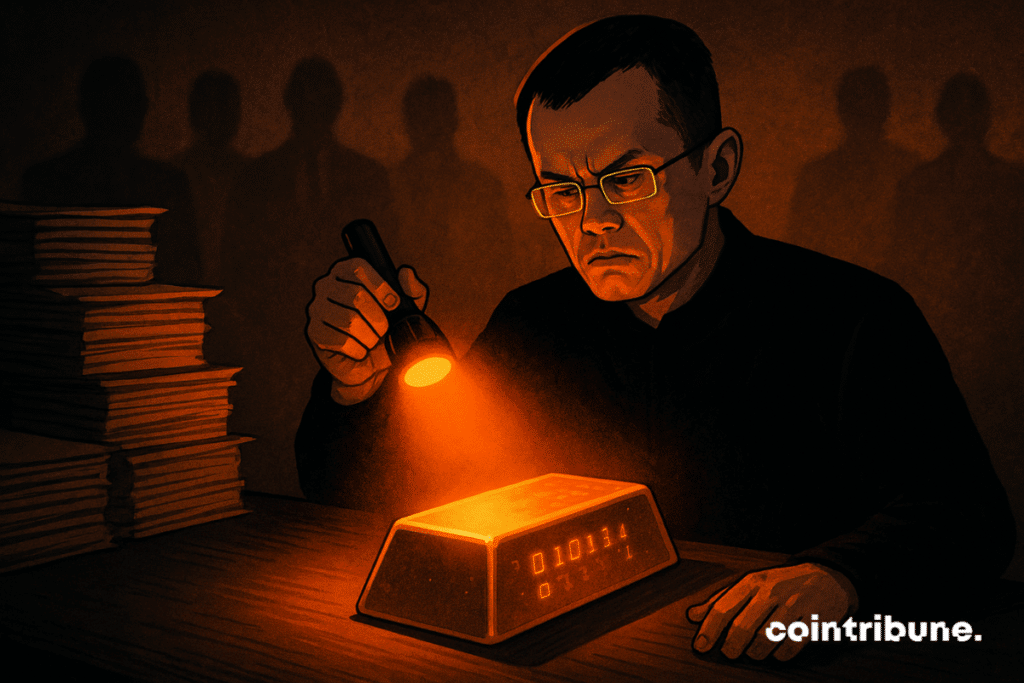 A man resembling CZ examines a glowing gold bar with a flashlight in a dark room, surrounded by piles of paper and shadowy figures.