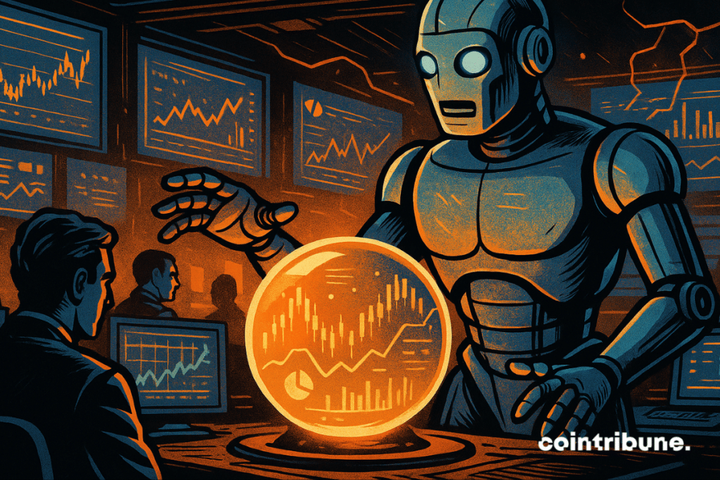 A retro robot analyzes a light sphere containing data in a control room equipped with predictive market screens.