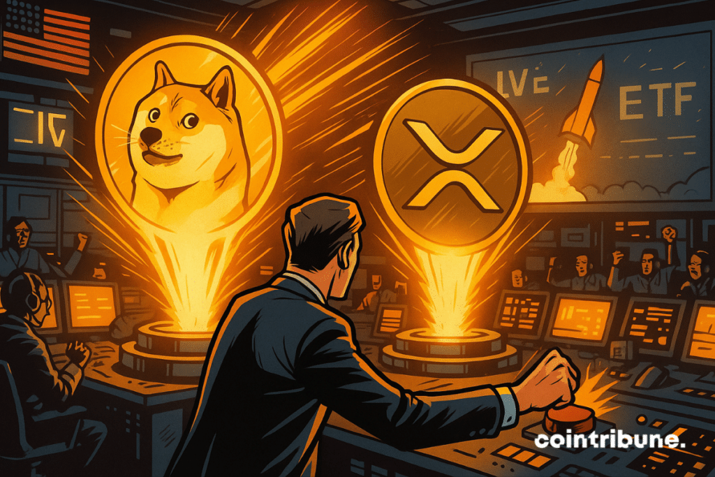 Comic book style scene depicting the launch of the DOGE and XRP ETFs from a control room bathed in an orange glow.