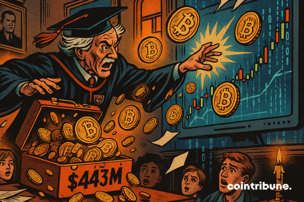 A Harvard professor throws Bitcoin coins into a digital graph as his stunned students look on, in a scene worthy of a vintage comic book.