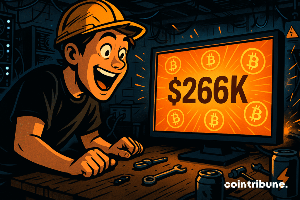 A young crypto miner celebrates in a dark basement while a screen displays a $266,000 Bitcoin jackpot.