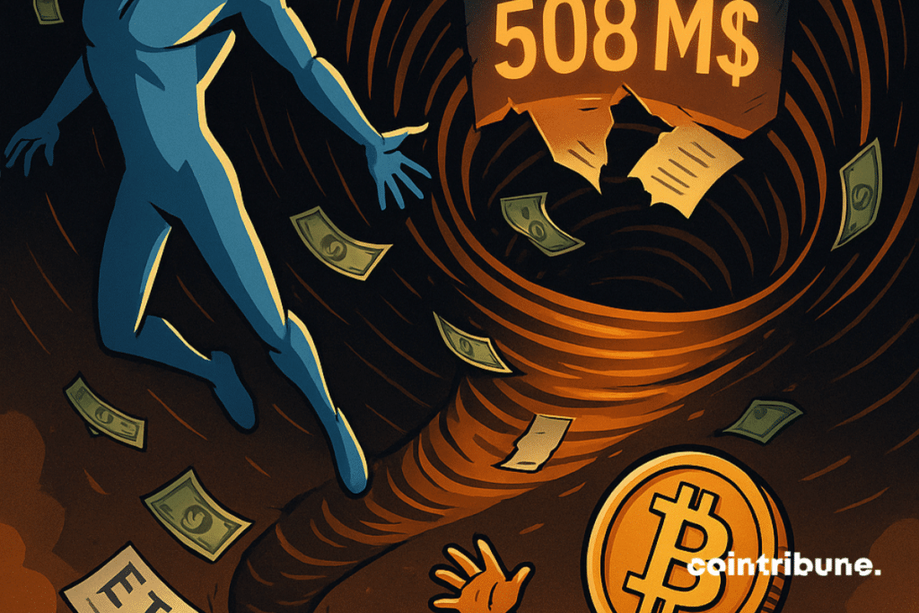 Ethereum and Bitcoin sucked into a financial vortex, $508 million in ETFs evaporate in visual chaos.