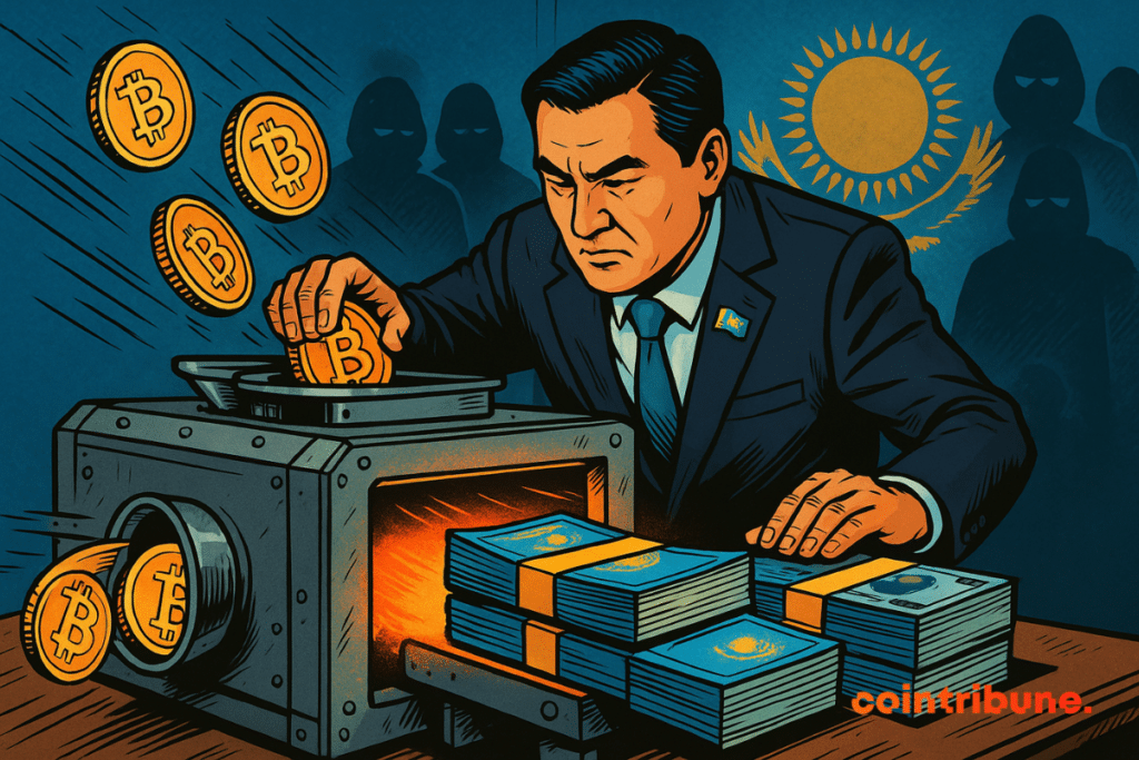 A Kazakh politician transforms bitcoins into wads of cash, under the eye of mysterious figures, in a tense atmosphere.