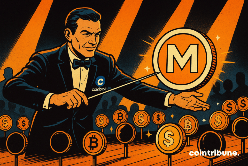 A charismatic conductor directs glowing tokens on stage, with a huge token