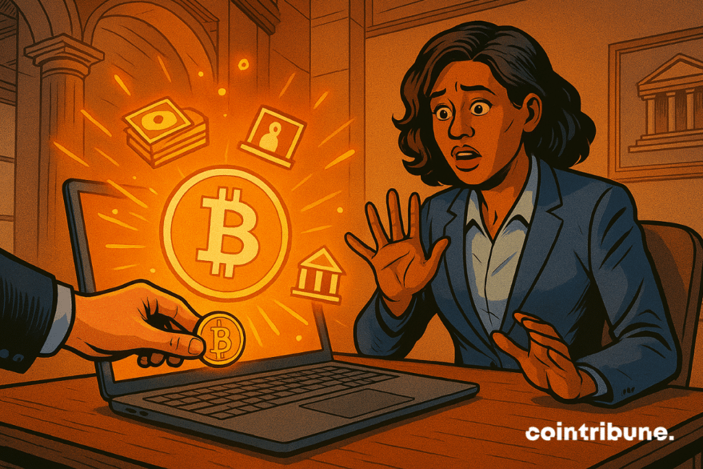 A judge brings his gavel down on a Bitcoin, releasing a wave of energy as OCC officials and bankers look on astonished.