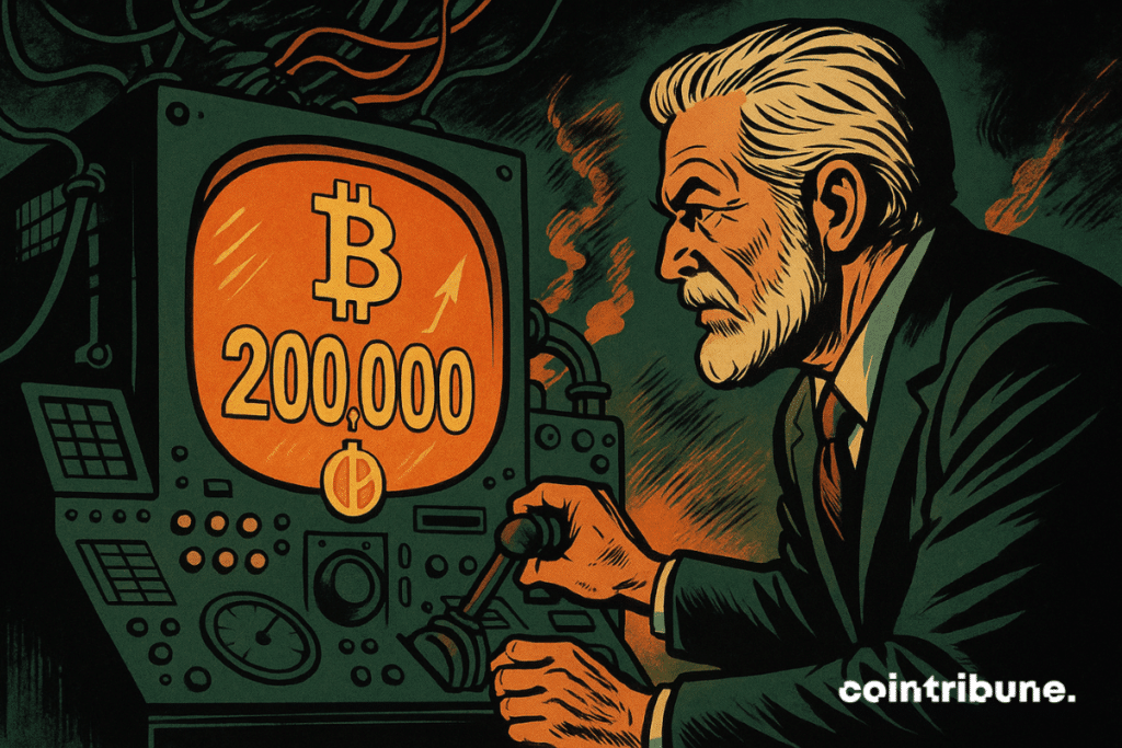 Peter Brandt turns levers of a towering retrofuturistic-style prediction machine in a secret cabinet. A giant counter displays $200,000 and the Bitcoin logo.