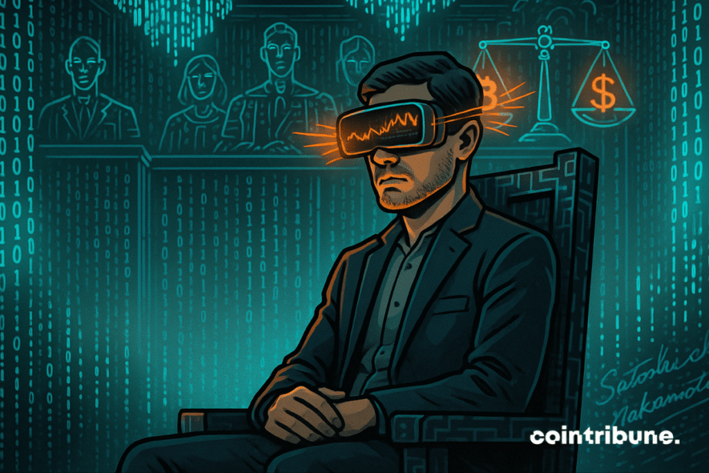 A man wearing a VR headset in a digital courtroom judged by AI characters, symbolizing the CFTC cryptocurrency trial.