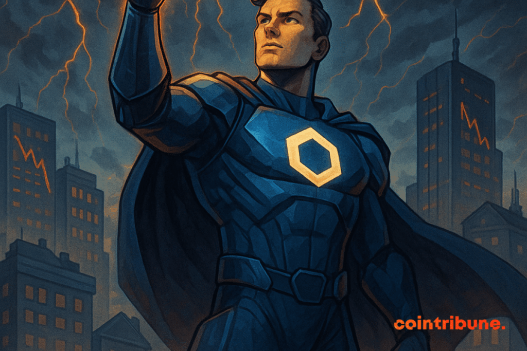 A futuristic hero holds up the glowing symbol of Chainlink, towering over a city in crisis connected to RWAs.