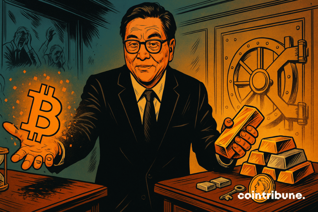 Robert Kiyosaki is standing between two tables: one with pixelated Bitcoins in the process of evaporating, the other with gold bars, silver bars, real estate keys.