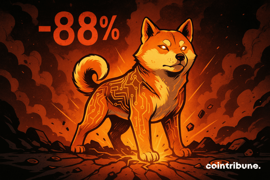 A digital Shiba Inu emerges from fractured ground, surrounded by dark smoke, under a